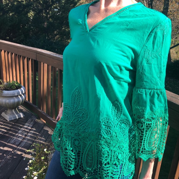 Chico’s Green Cutout Lace Top Shirt 1P,PM 8P-10P - Picture 3 of 10